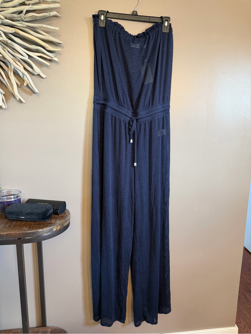 Dotti Navy Blue Mesh Strapless Jumpsuit Swim Cover